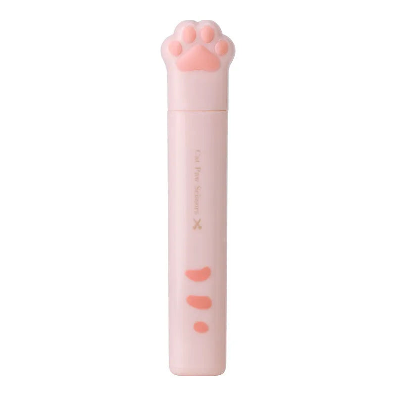 Set of four mini folding scissors with cat paw design in black, blue, pink, and white colours on a plain surface.