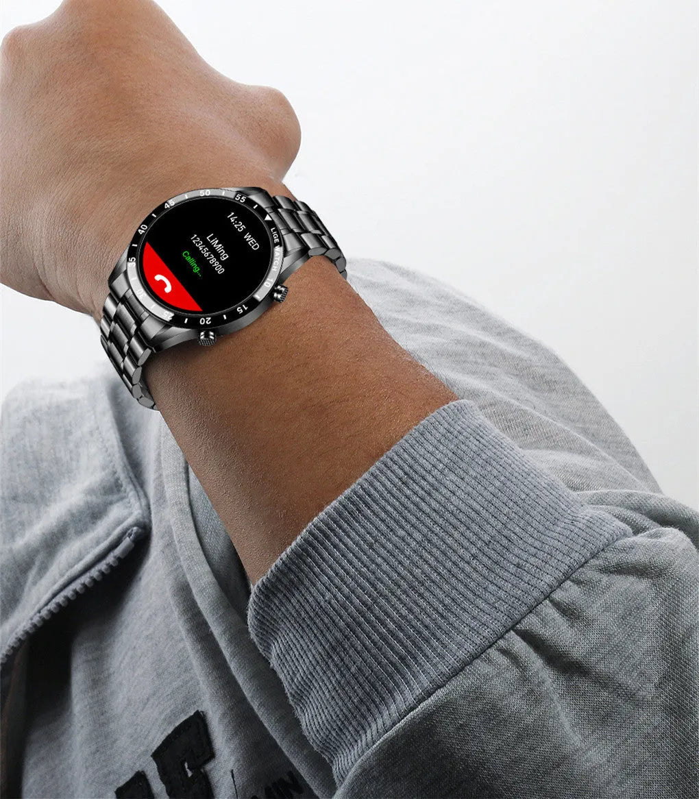 Stainless steel smart watch with black band and 1.3-inch touch screen display