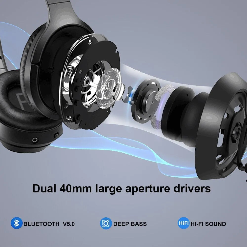Black Gorsun E98 over-ear wireless Bluetooth headphones with adjustable headband and memory-protein ear cushions.