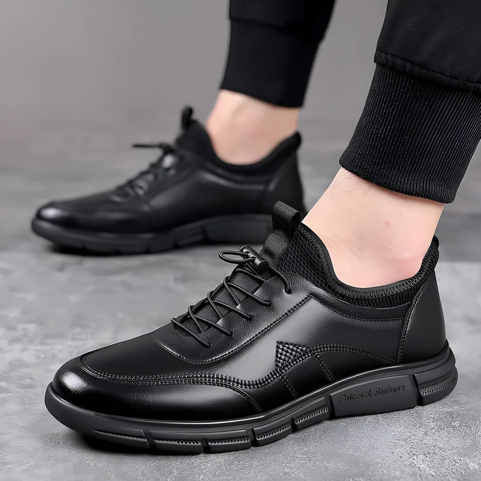 Men's black leather casual shoes with waterproof features and leather stitching details