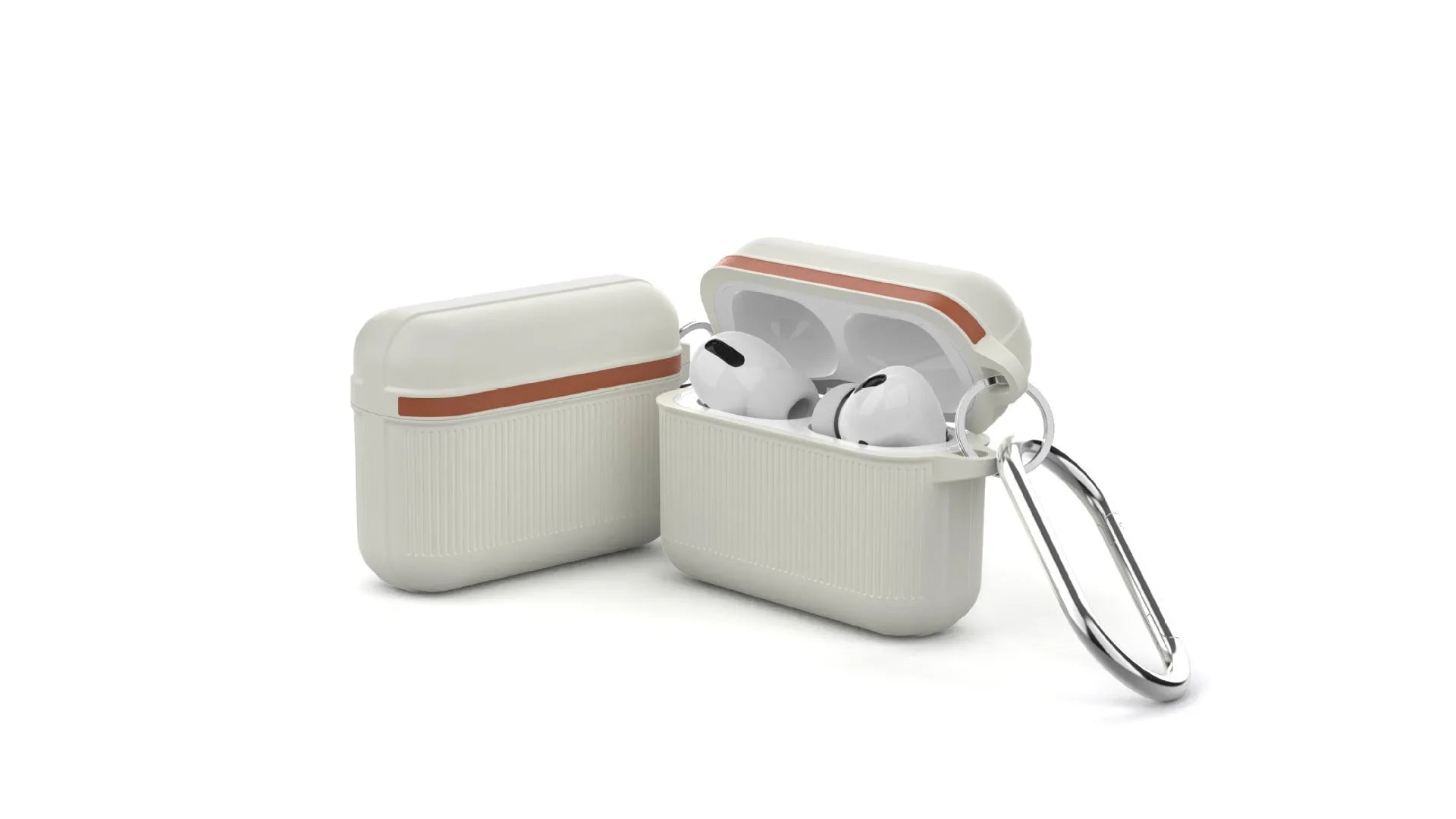 Silicone clamshell case for Apple AirPods with a metal buckle, shown in a solid colour.
