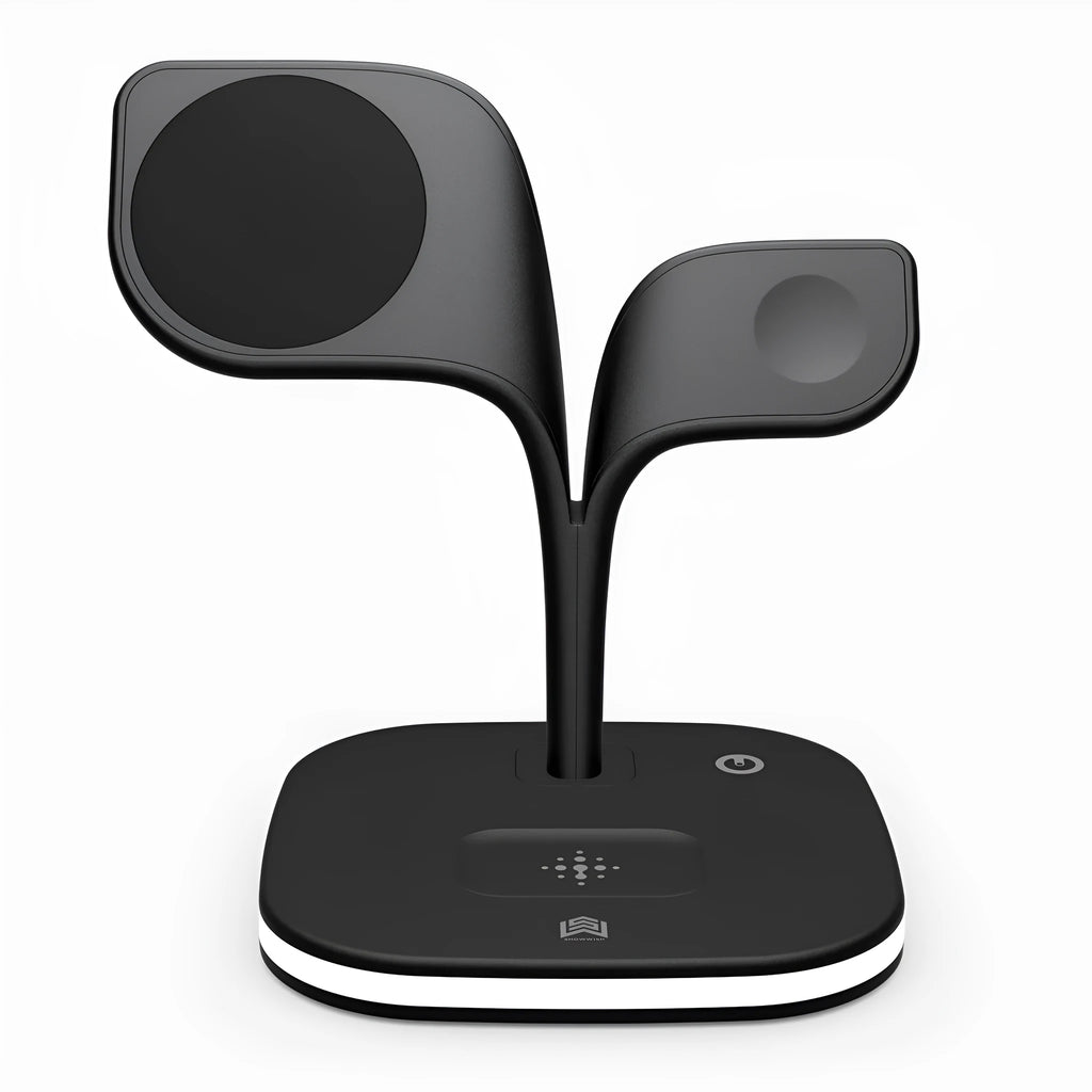 Black or white desktop wireless charging stand for phone, headphones, and smartwatch with 15W max output