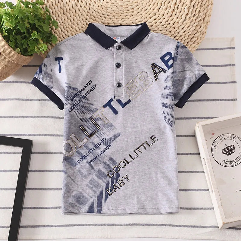 Boys short sleeve cotton polo shirt with lapel collar in grey, navy, red or white colours