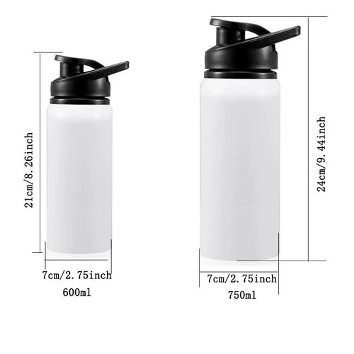 White aluminium sports water bottle for cycling with screw cap in 600ml and 750ml sizes