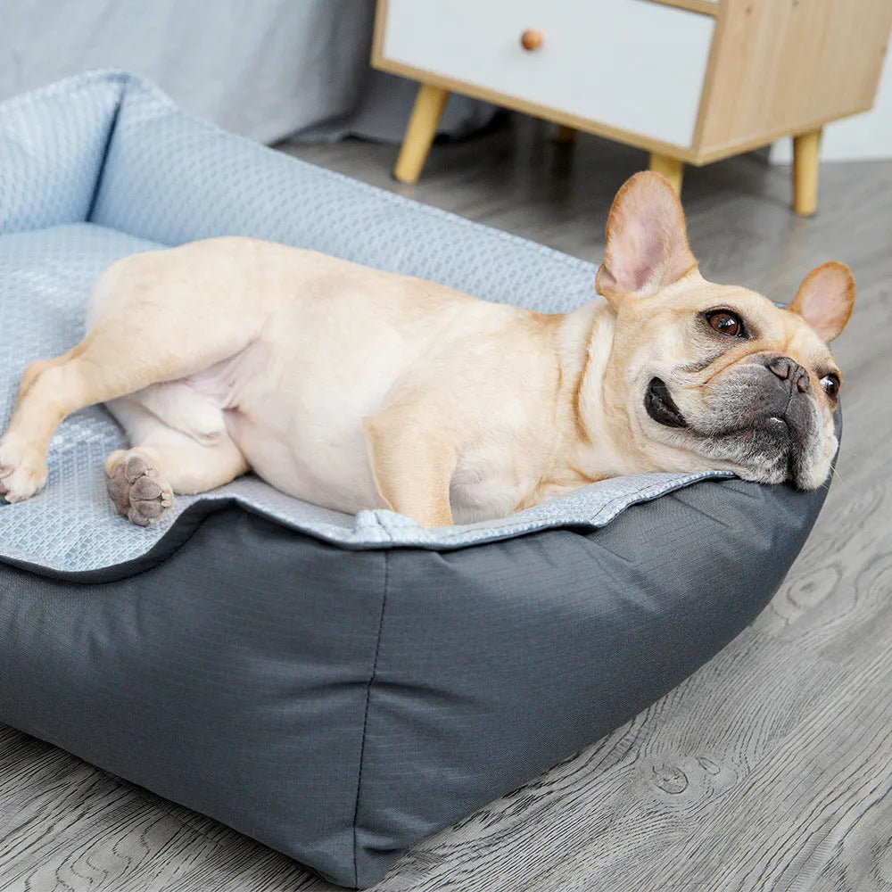 Soft grey pet bed with removable cover shown in small, medium, and large sizes for dogs and cats