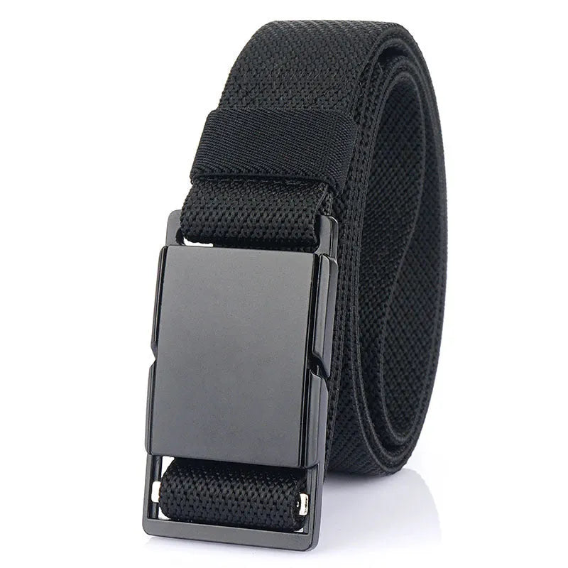 Metal magnetic buckle casual belt in polyester fibre, shown in one of five colours.