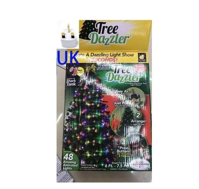 64-LED Christmas tree light string with colour-changing bulbs and integrated control button, 1.8 metres long with IP44 weather resistance
