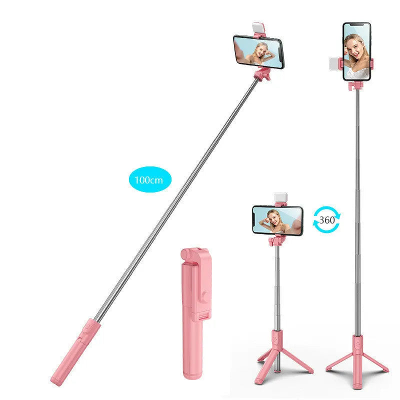 Aluminium alloy Bluetooth selfie stick with tripod base, fill light, and 360-degree rotating phone holder in black colour