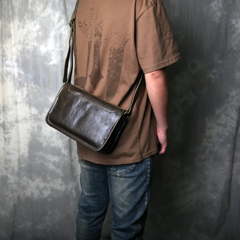 Men's genuine leather crossbody shoulder bag handmade in olive green colour