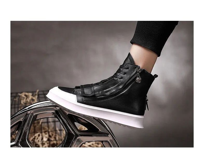 Men's black and white PU leather ankle boots in high-top sneaker style for winter.