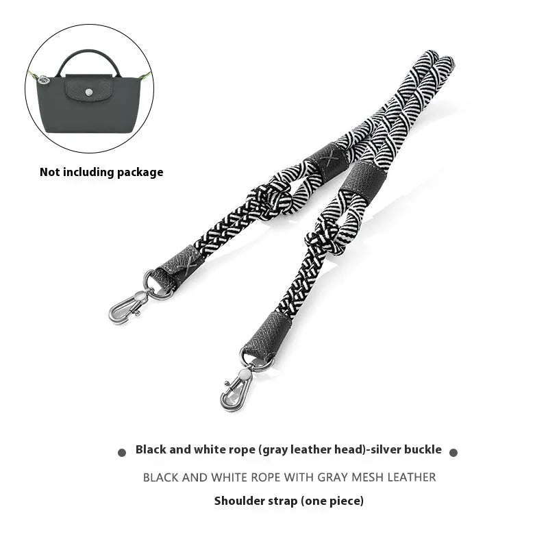 Braided nylon rope shoulder strap with cowhide leather accents and an alloy buckle.