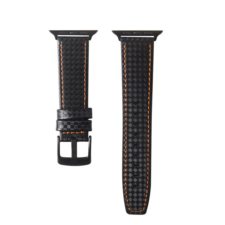 Compatible Apple Watch leather strap with carbon fibre pattern on PC case in red, black, orange, or blue