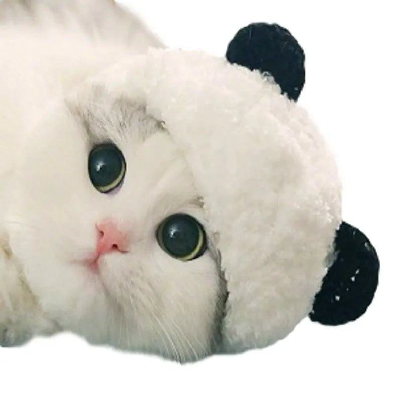 White wool panda costume pet hat with adjustable fit for cats and small dogs, sizes S M L XL