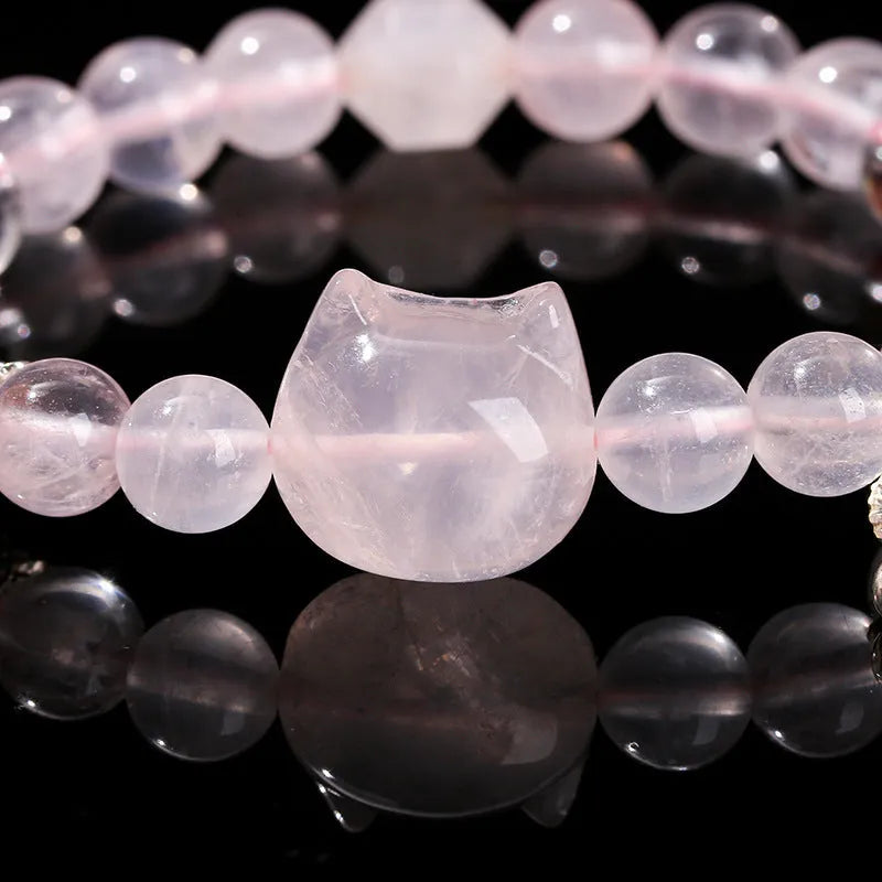 Handmade starlight pink crystal cat head bracelet with copper setting