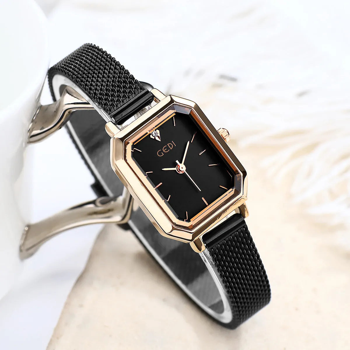 Women's square retro casual watch with rose gold shell case and leather strap in various colour combinations