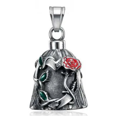 Titanium steel motorcycle lucky bell pendant with epoxy rose design and polished finish