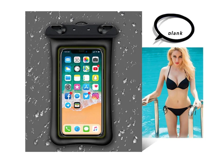Clear double airbag waterproof phone pouch with orange lanyard on a blue background.