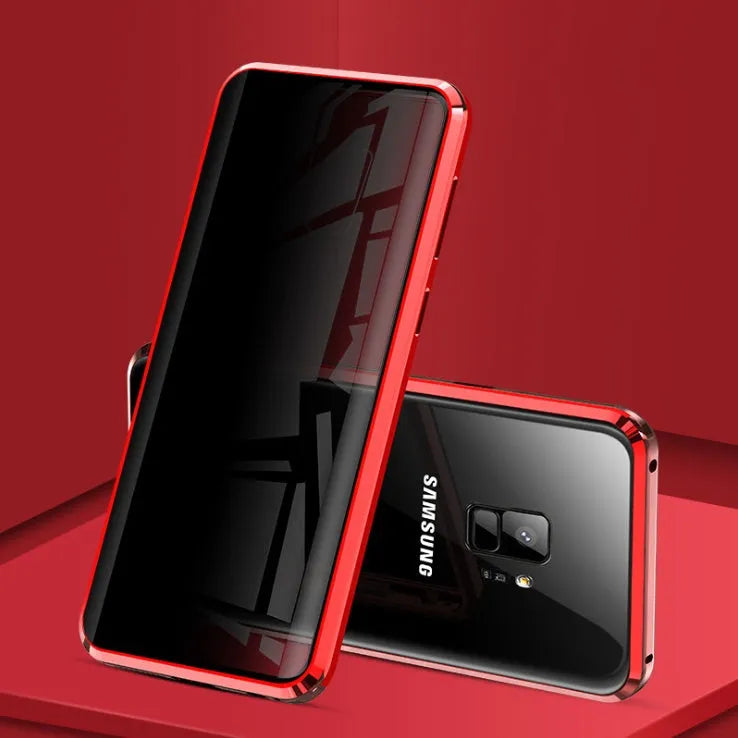 Black clamshell magnetic phone case for Samsung Galaxy with anti-peeping screen, open to show interior.