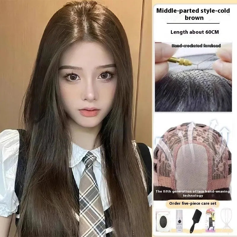 Forehead lace long straight wig with side bangs in high temperature fibre material