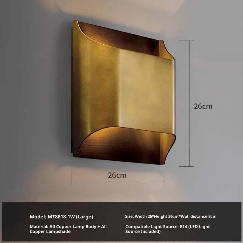 Modern minimalist full copper wall lamp in brushed copper finish, square shape, 20cm x 20cm size