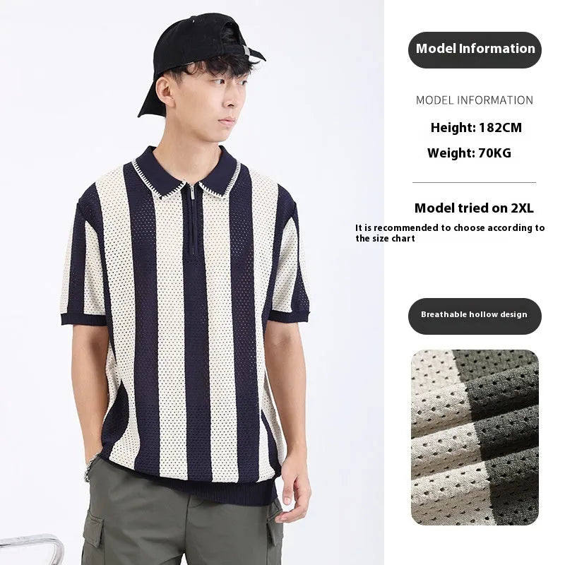 Man wearing a striped short-sleeve ice silk sweater with a decorative zipper detail.