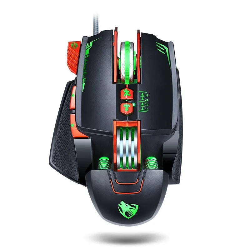Black Thunder Wolf V9 wired gaming mouse with six buttons on a desk