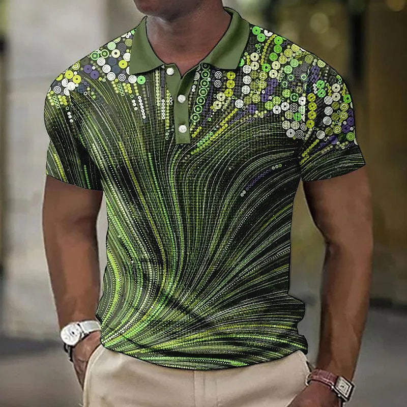 Men's geometric striped short sleeve button shirt in cotton blend fabric