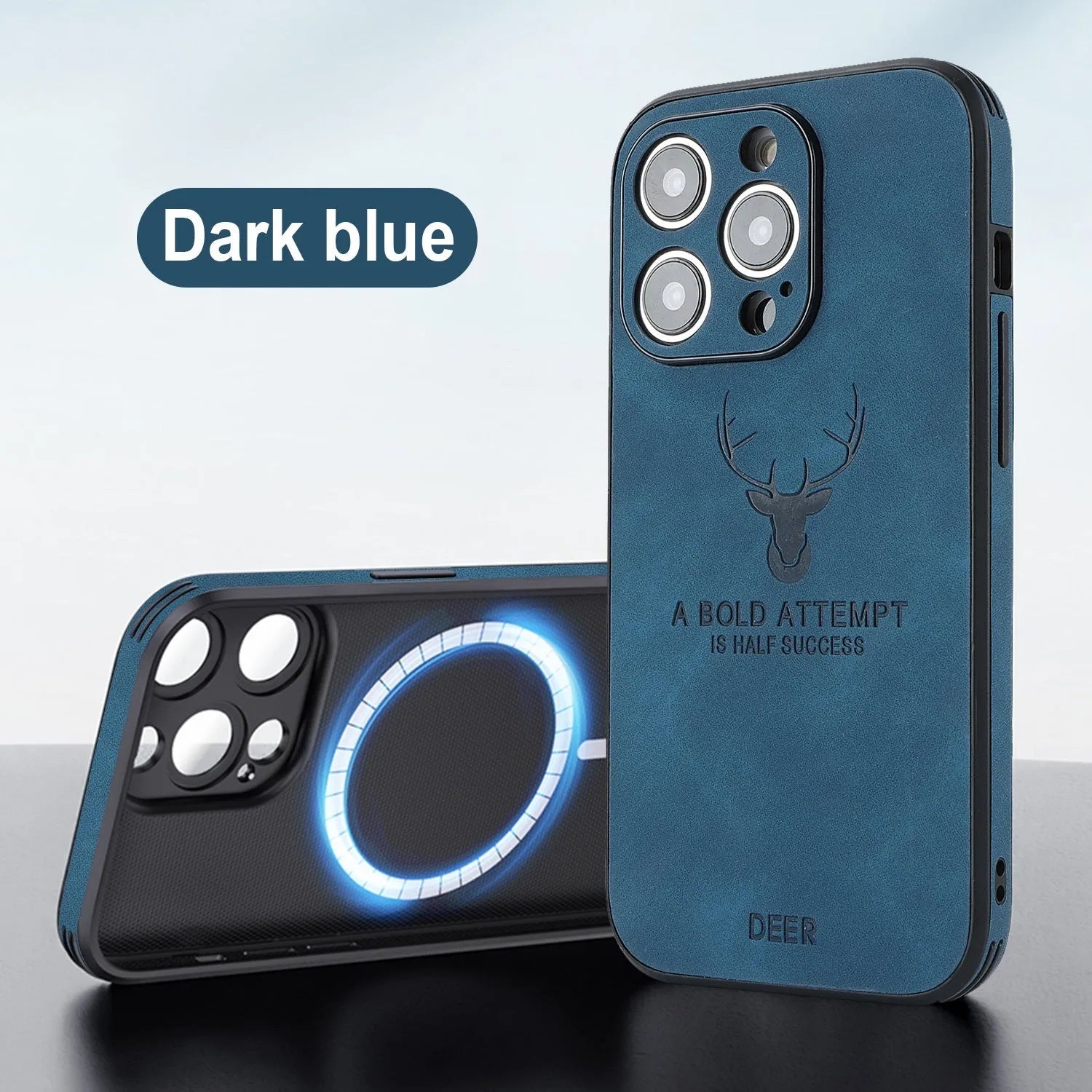 iPhone 16 magnetic charging case with embossed moose head design in imitation leather, shown in multiple colours.