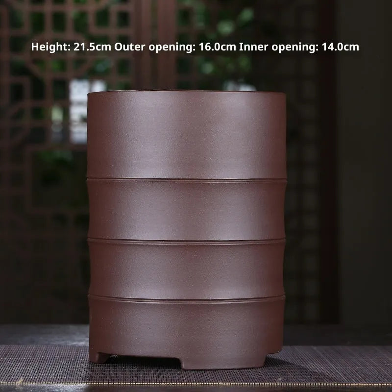 Purple sand classical ceramic orchid pot with tray and multiple drainage holes, stick bottle shape