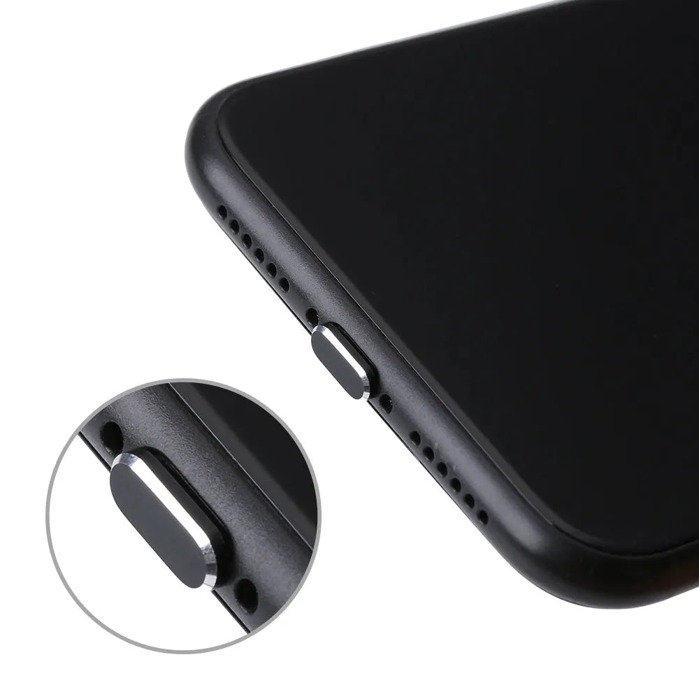 Aluminium alloy charging port dust plug for iPhone in various colours including gold, silver, blue, and black.