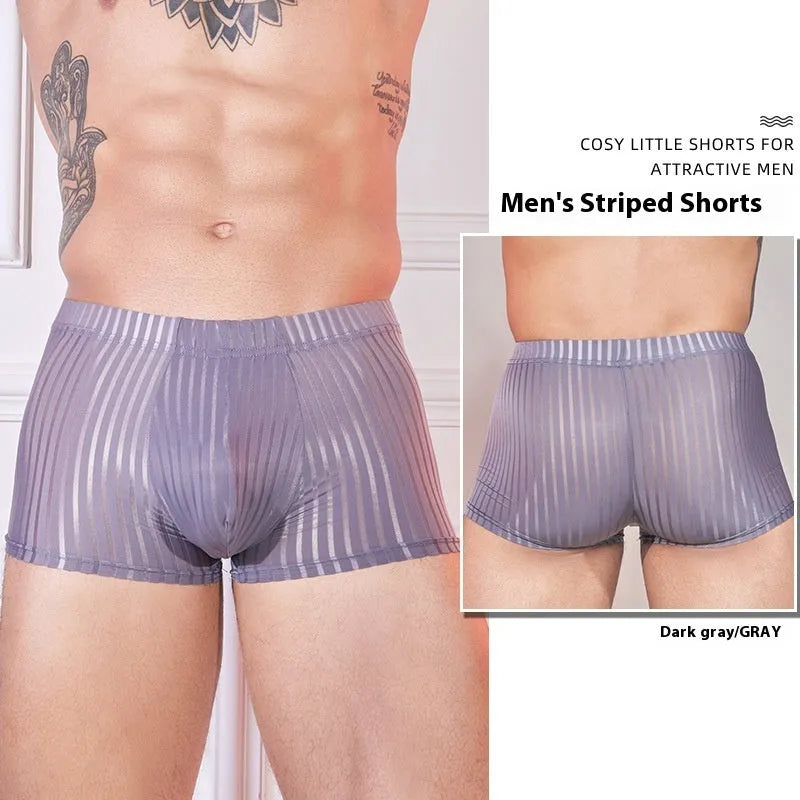 Men's striped underwear in thin nylon fabric, shown in black, white, and dark grey colours.