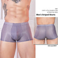 Men's striped underwear in thin nylon fabric, shown in black, white, and dark grey colours.