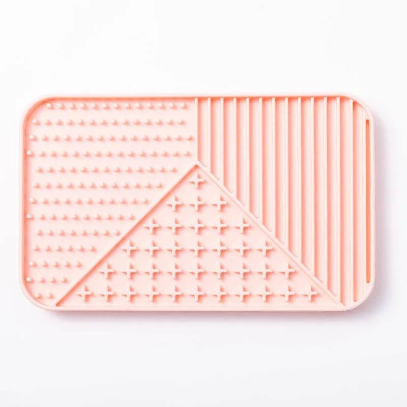 Silicone pet licking mat with suction cup base in pink, grey and khaki colour options