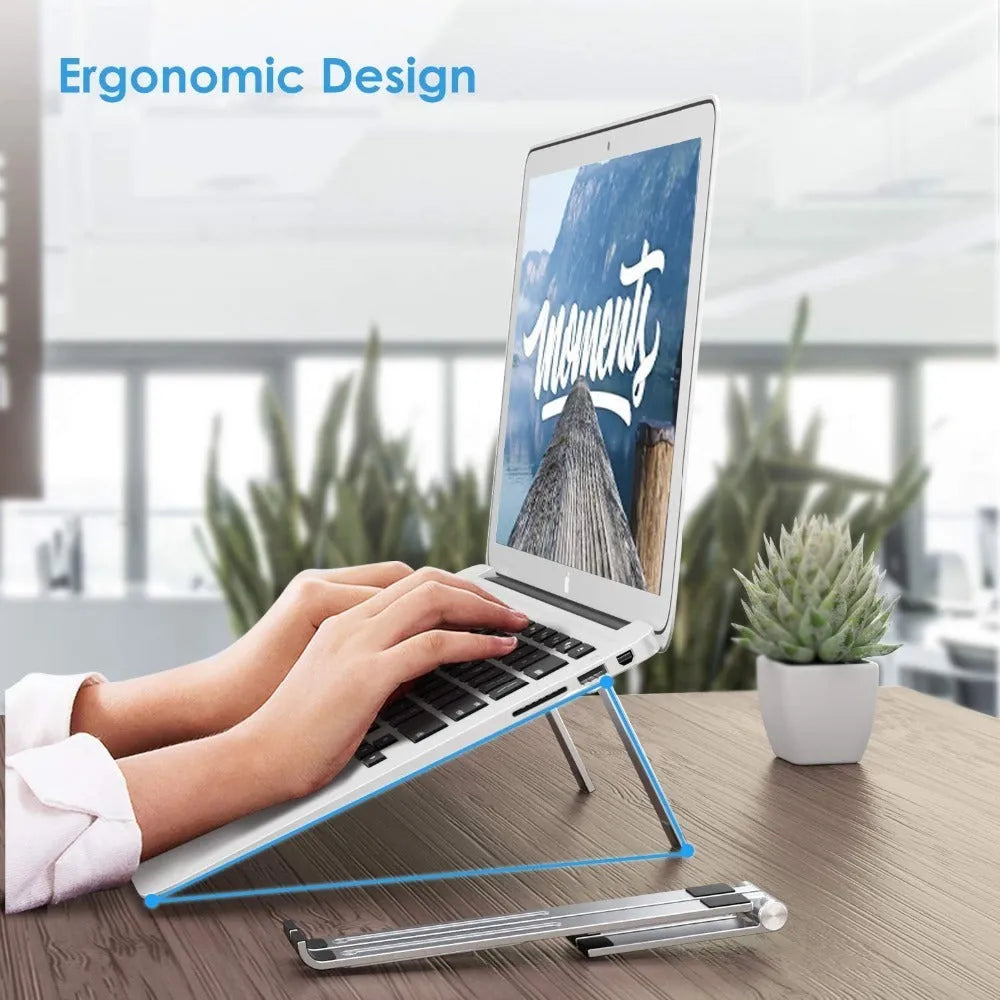 Black aluminium adjustable notebook stand for laptops on a desk.