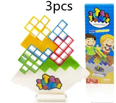 Plastic balance stacking game with colourful building blocks on chassis for family play
