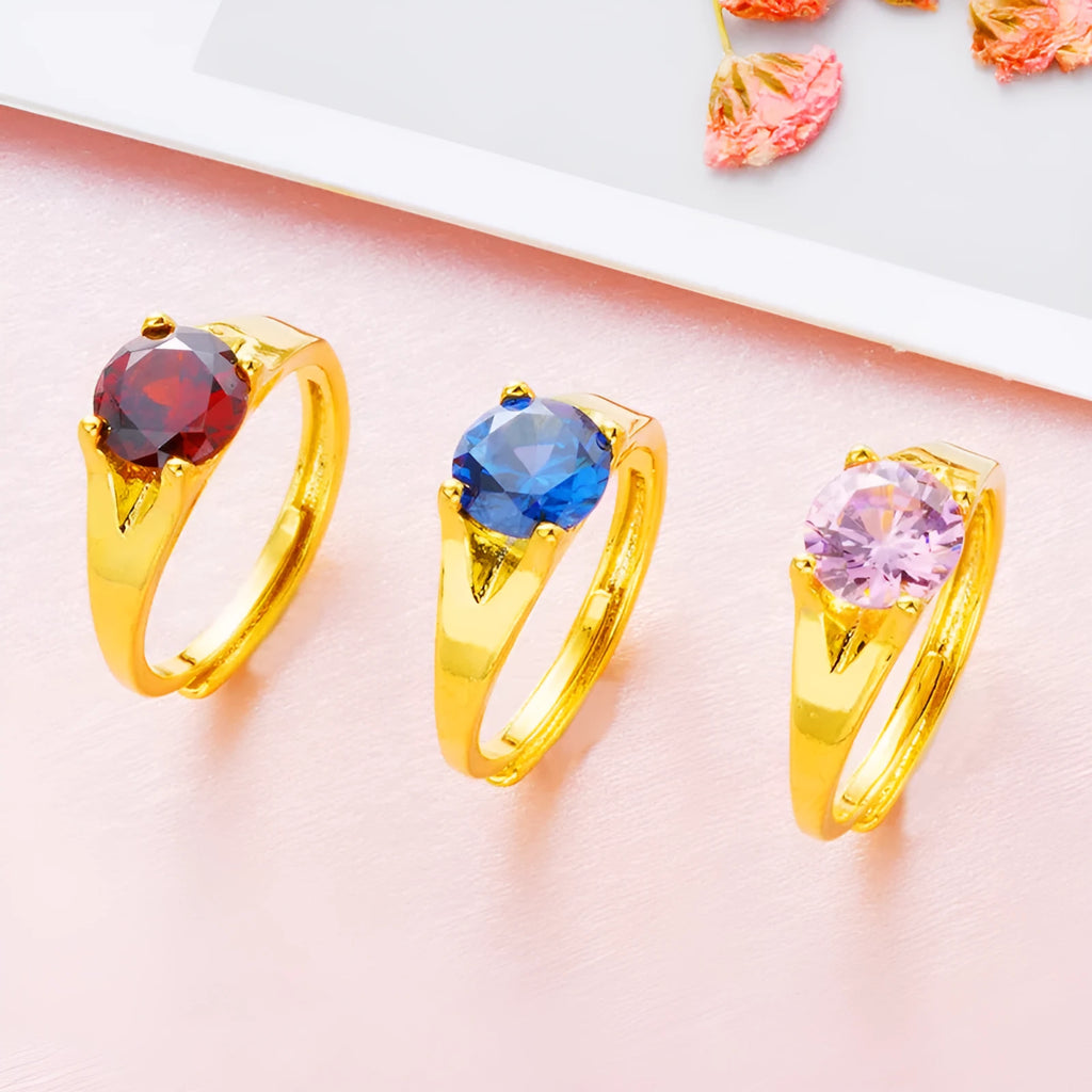 Women's adjustable gold plated ring with zircon stone in six colour variations