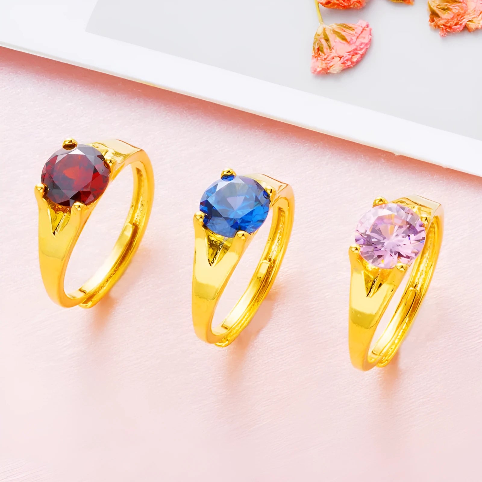 Women's adjustable gold plated ring with zircon stone in six colour variations