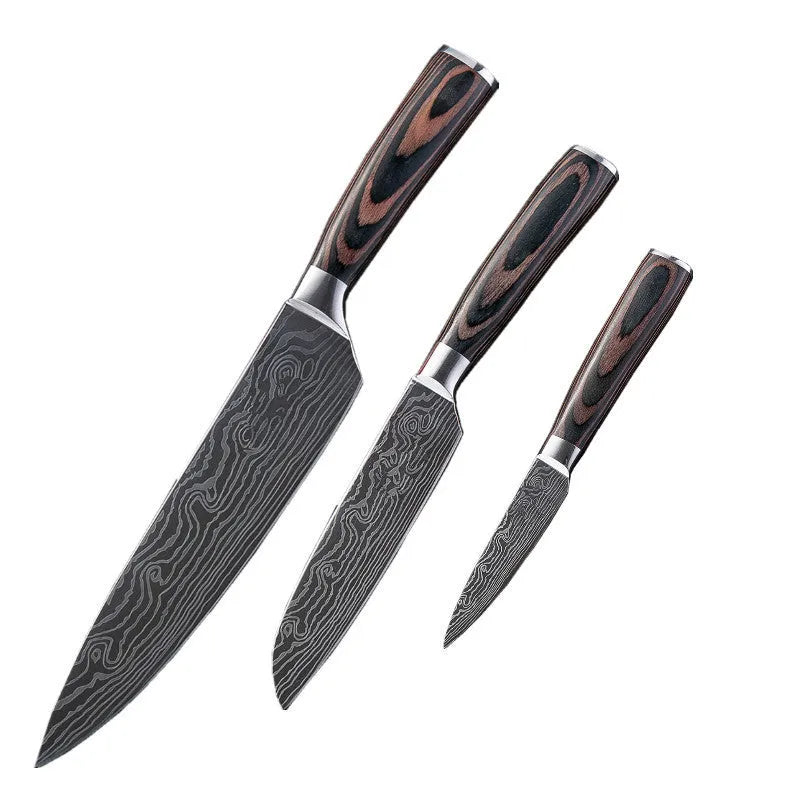 Chef knife with laser Damascus patterned blade and colour steel handle, length 30cm