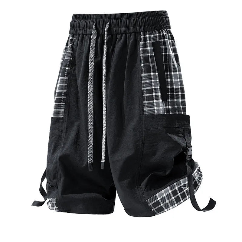 Men's casual cargo shorts with plaid stitching detail in loose fit design