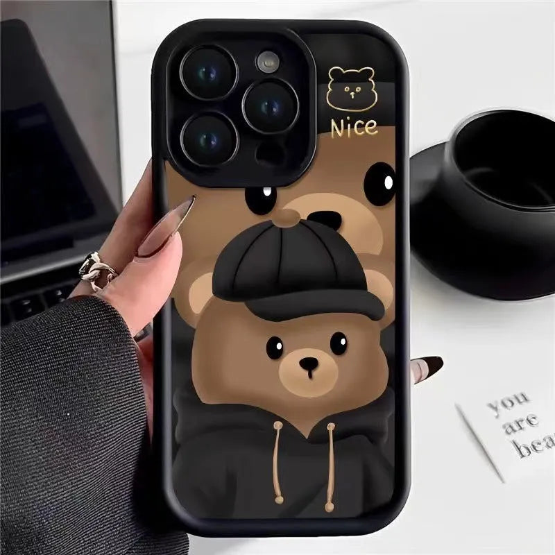 TPU phone case with cute bear design for Apple iPhone 7 to 15 series, available in three colours