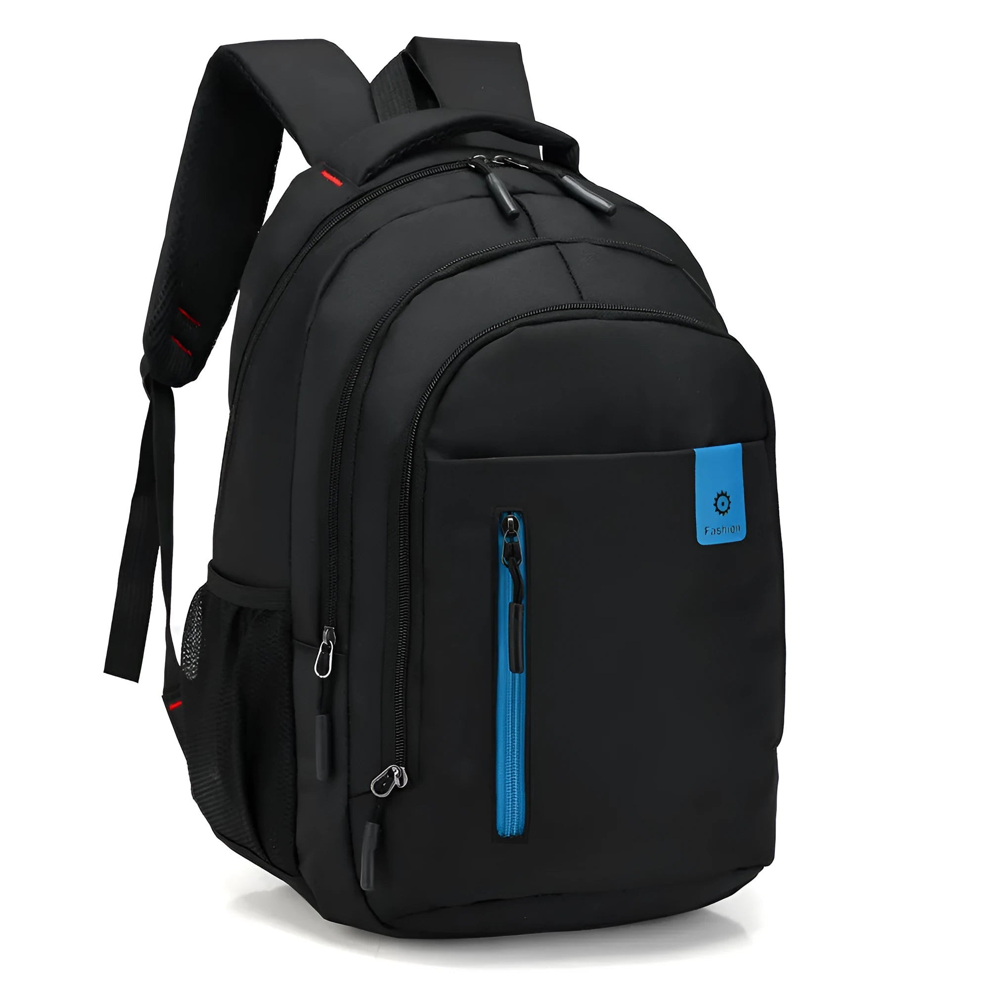 Blue Oxford fabric school backpack with padded black shoulder straps and side pockets.