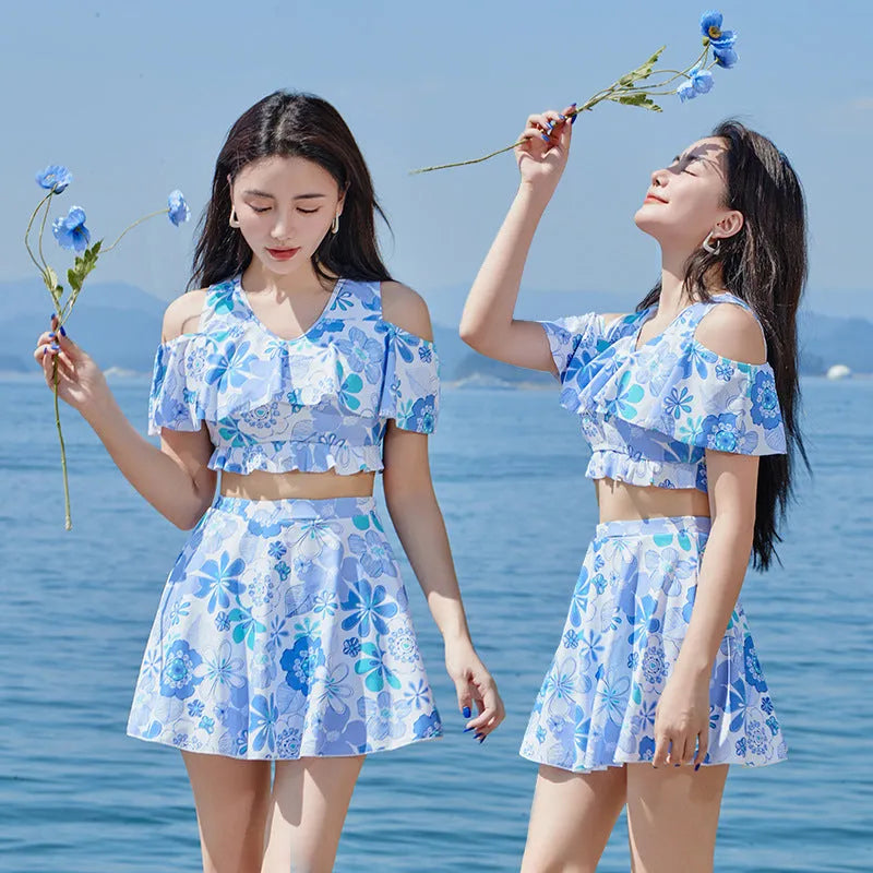 Fresh blue floral women's one-piece swimdress in polyester fabric