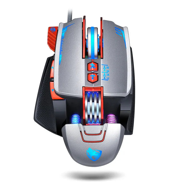 Black Thunder Wolf V9 wired gaming mouse with six buttons on a desk
