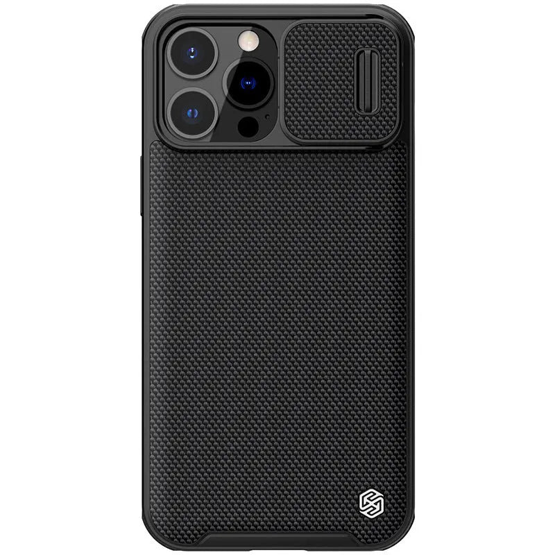 Black textured sliding back cover protective case for iPhone 13 Pro Max, made from PC and TPU.
