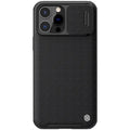 Black textured sliding back cover protective case for iPhone 13 Pro Max, made from PC and TPU.