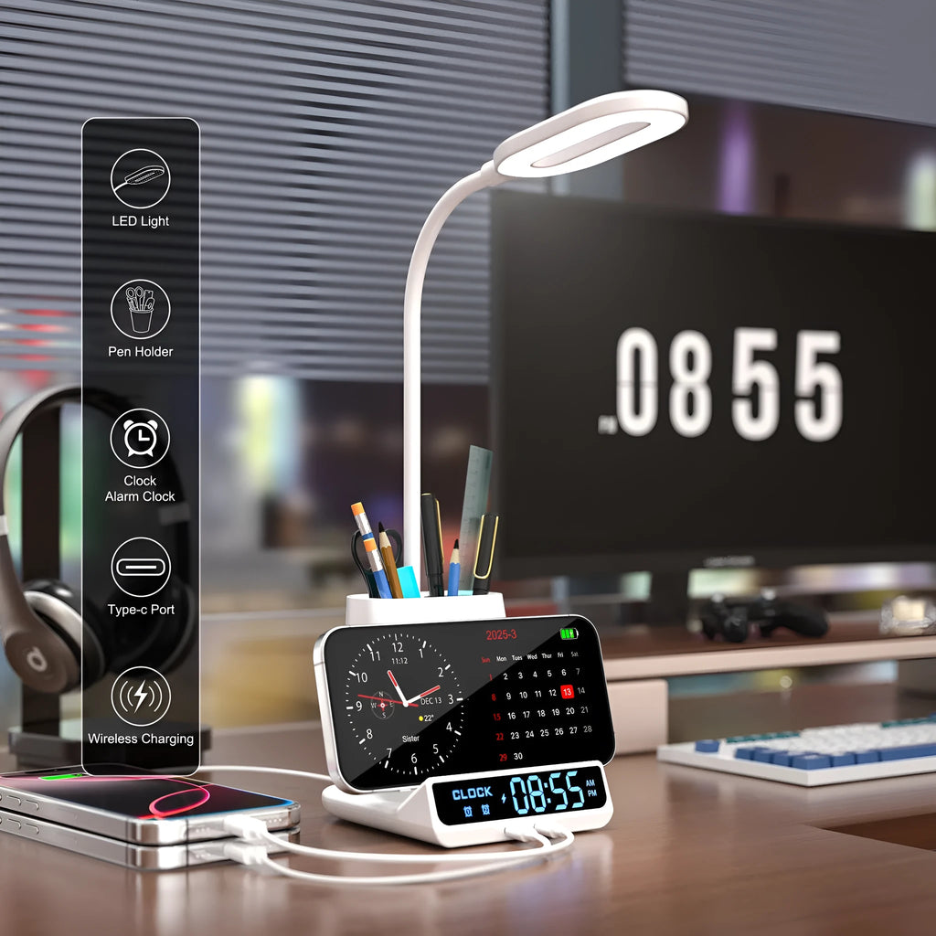 Modern minimalist desk lamp with wireless charging pad and integrated pen holder storage box.