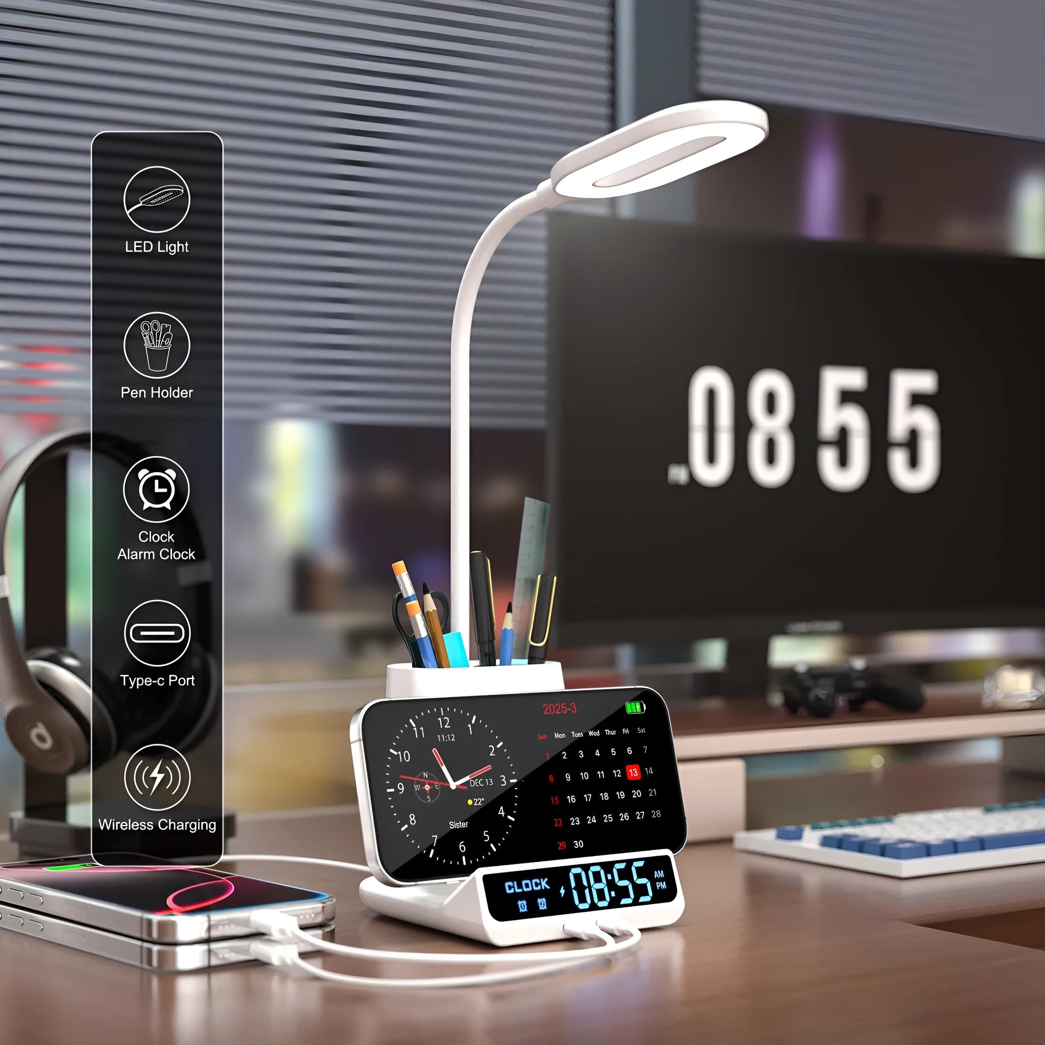 Modern minimalist desk lamp with wireless charging pad and integrated pen holder storage box.
