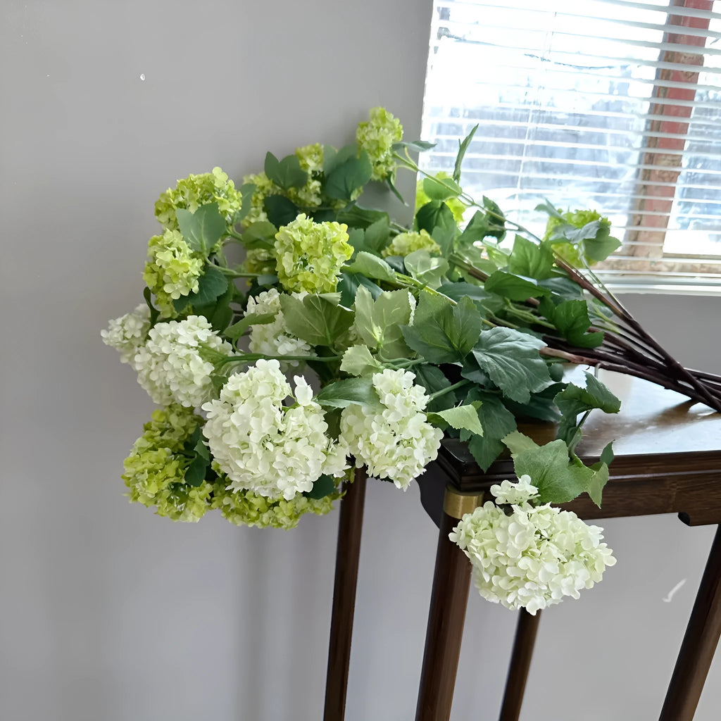 Artificial hydrangea with long branches silk flower decoration prop in white and green for weddings photography