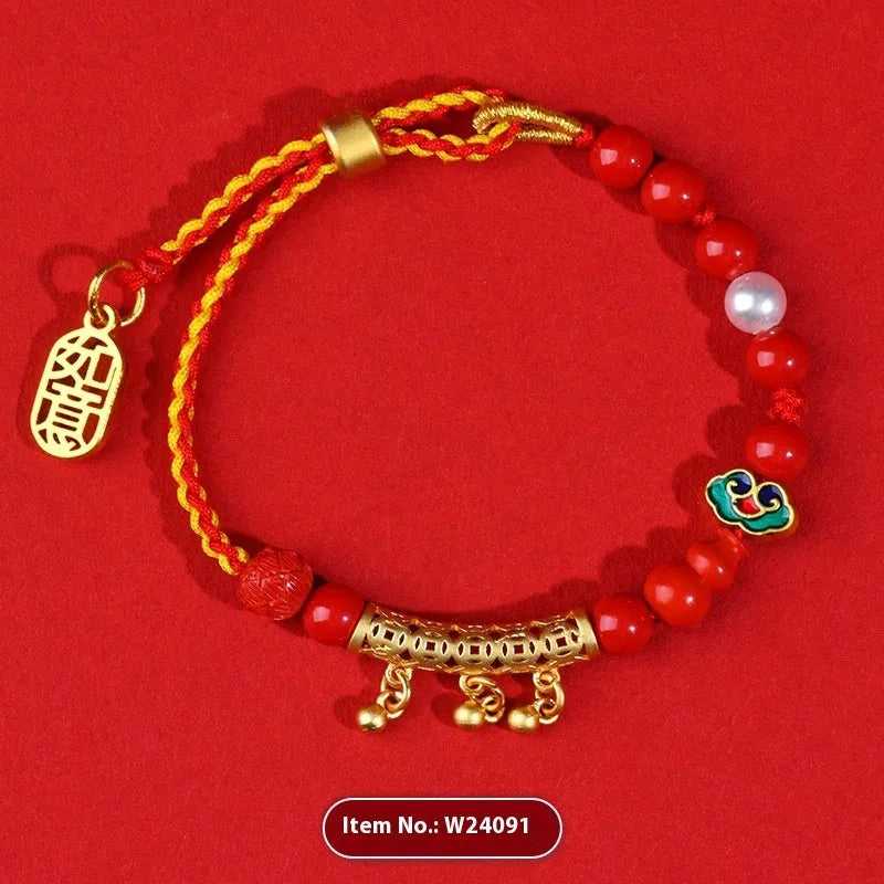 Women's cinnabar bracelet with hand-woven red sand rope and small round bell charm