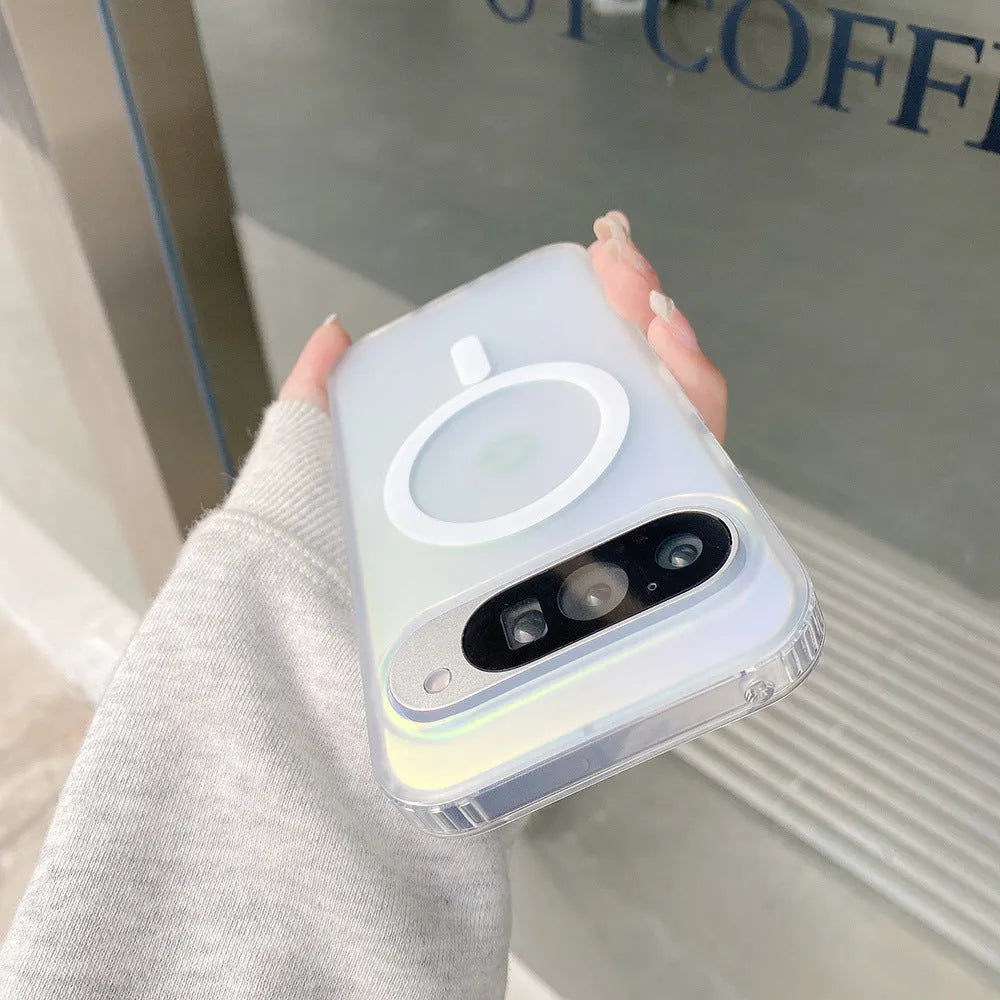 Transparent laser frosted matte phone case for Google smartphones on a table